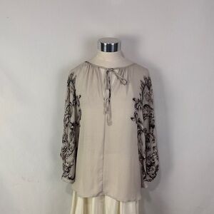 BCBG Cream Striped Black Floral Tunic Top